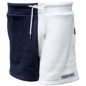 women's color block shorts, half navy, half white, embroidered Penn State on left thigh